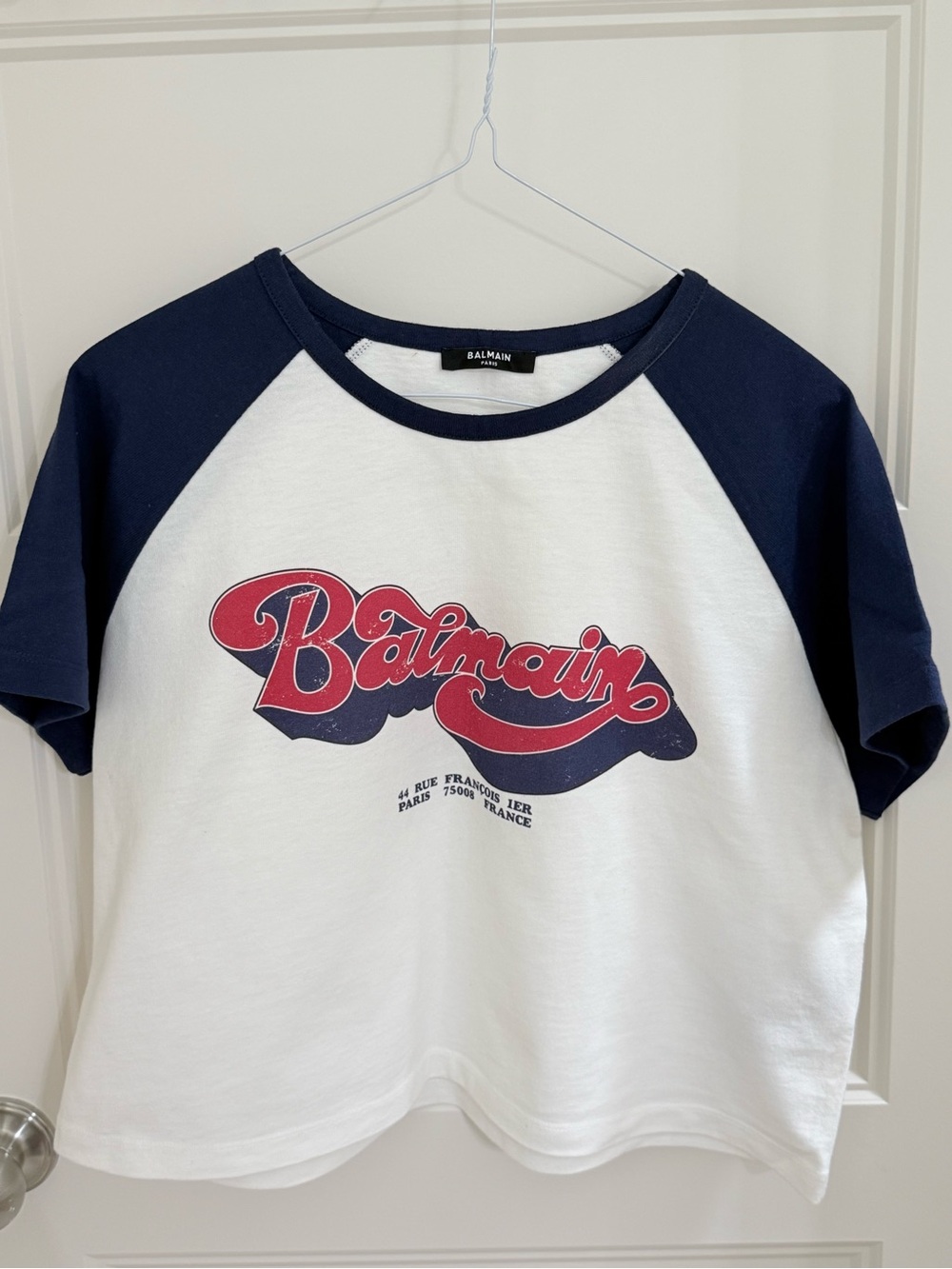 Balmain White and Navy Cropped Raglan Logo Tee - Picture 4 of 8